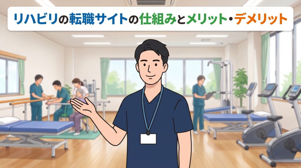 リハビリの転職サイトの仕組みとメリット・デメリットというタイトルのブログ記事のアイキャッチ