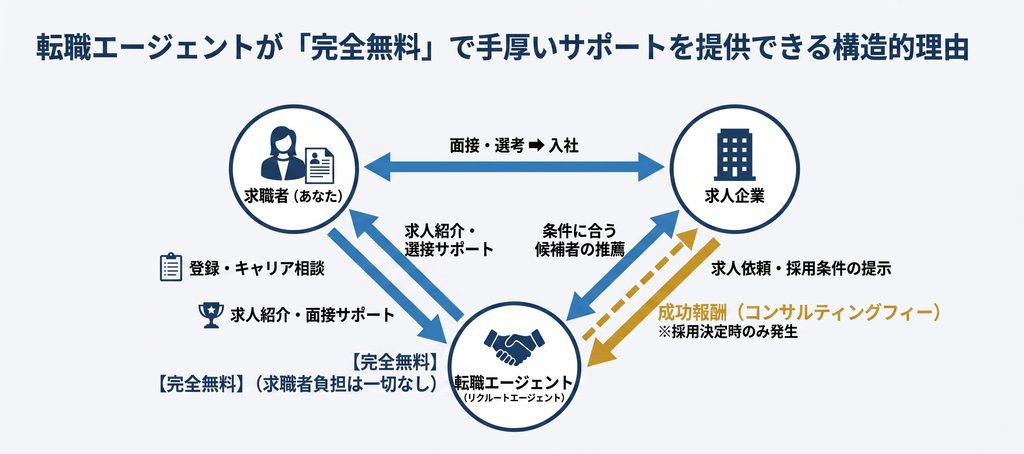 転職サイトが無料で使える仕組みを示した図